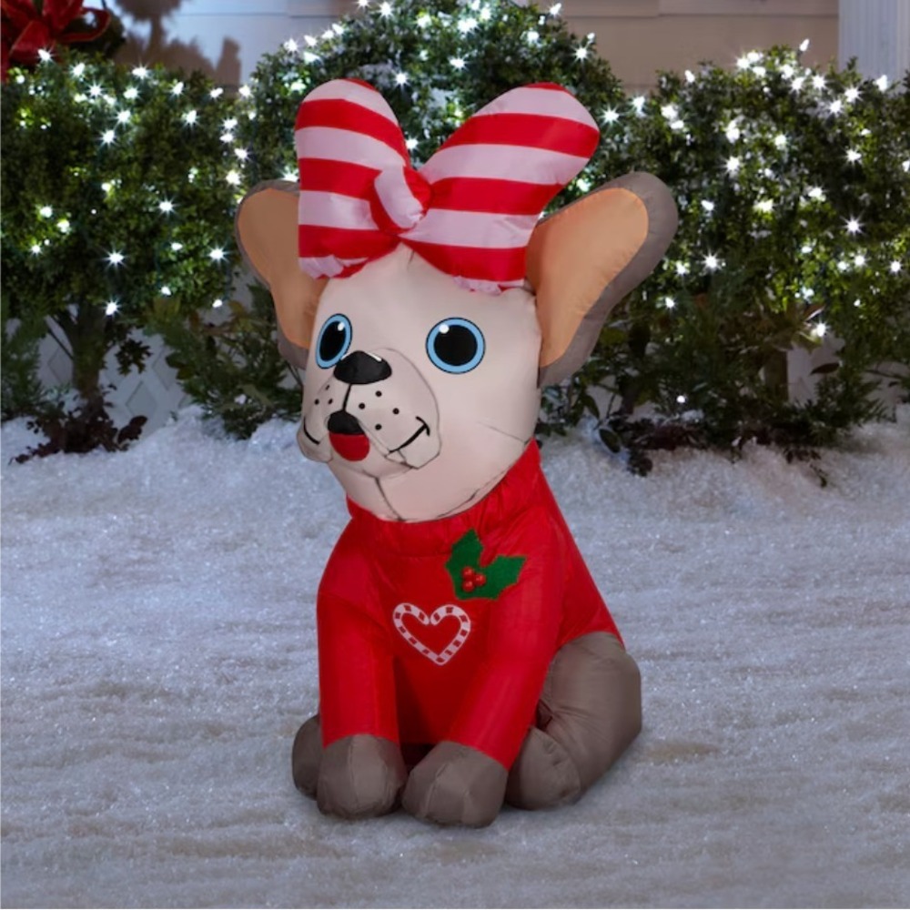 Holiday Living 3.5ft Christmas Inflatable French Bulldog Puppy Red Sweater Bow